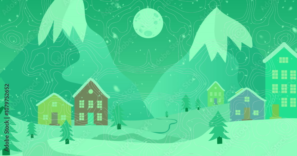 Poster image of topography patterns and snow falling over winter landscape with copy space