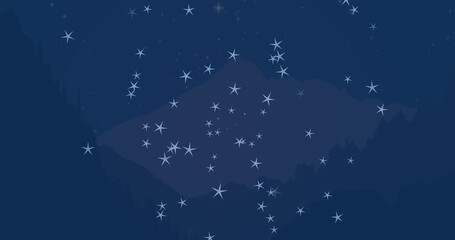 Image of snow falling over trees and mountains on blue background