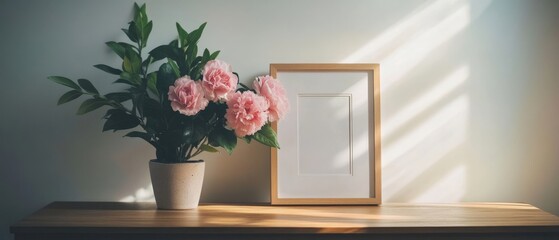 Elegant floral arrangement with pink peonies and wooden frame on table