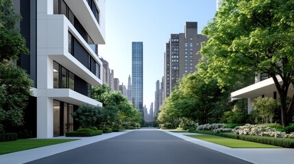 Modern urban landscape with greenery and tall buildings.