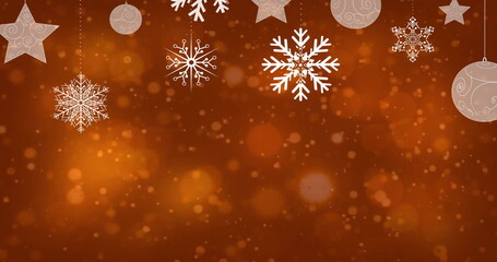 Image of christmas snowflakes falling and spots of light on brown background