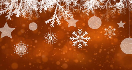 Image of christmas snowflakes falling and spots of light on brown background