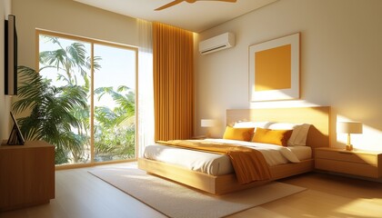 Fototapeta premium A serene, modern bedroom featuring warm colors, natural light and plants, creating a cozy and inviting atmosphere.