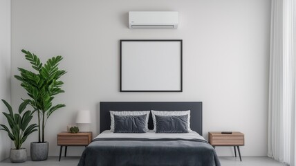 A modern bedroom featuring a stylish bed, ambient lighting, and a decorative indoor plant, enhancing comfort and tranquillity.