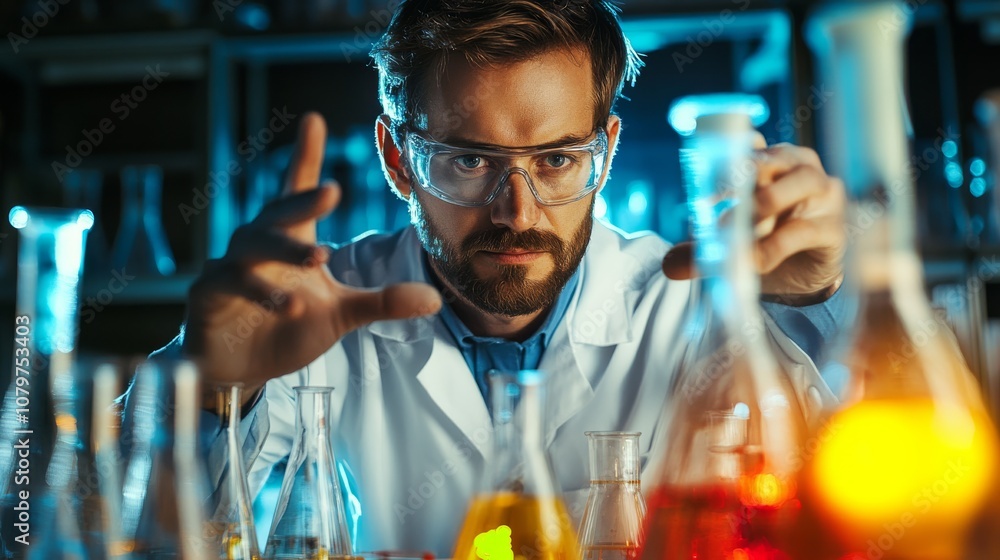 Poster a focused scientist conducts experiments with colorful liquids in a lab, showcasing the intrigue of 
