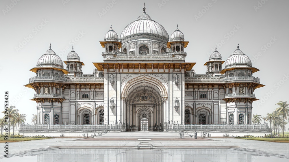 Poster ornate architectural structure with domes and intricate design.