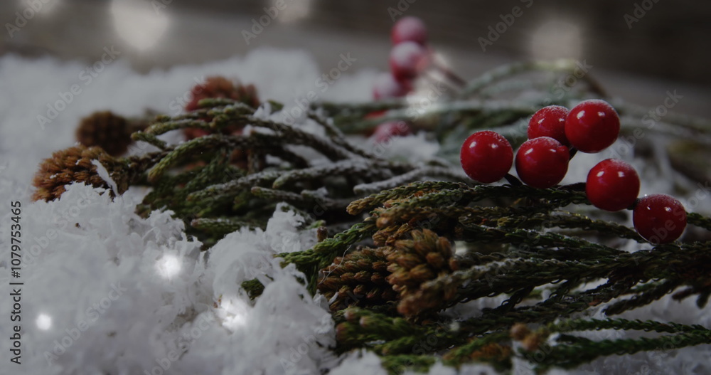 Poster image of a holy tree with fir tree lying in the snow with snowflakes falling