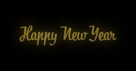 Image of golden happy new year text shining against dark background