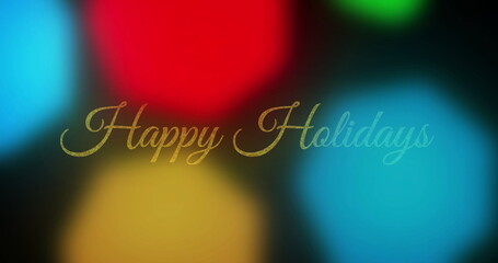 Image of happy holidays text over multicolored lens flares against black background