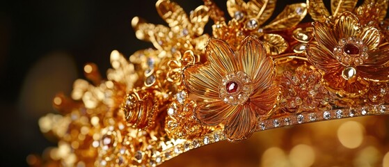 Exquisite golden floral crown adorned with sparkling gems