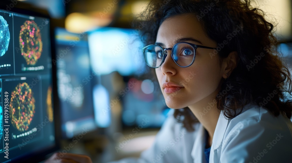 Poster a focused woman in a lab coat analyzes intricate data on multiple computer screens, surrounded by di