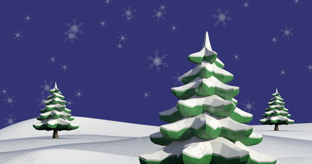 Image of snow falling over fir trees and winter landscape