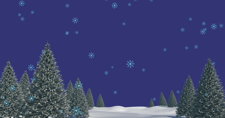 Image of snow falling over fir trees and winter landscape