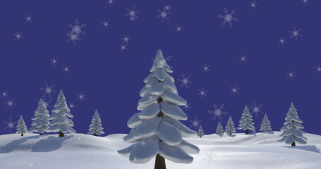 Image of snow falling over fir trees and winter landscape
