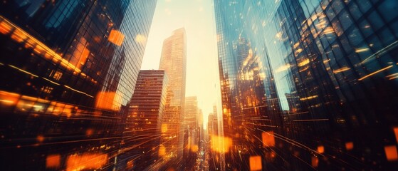 Futuristic cityscape with skyscrapers and blurred motion