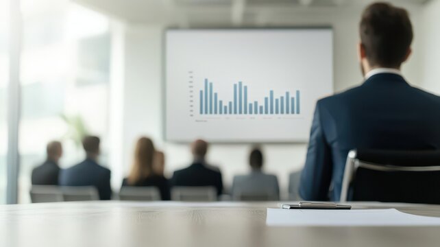 Financial analyst presenting investment strategies in a boardroom to a group of interested clients   investment strategy, client meeting