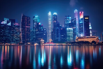 Obraz premium Stunning night skyline of a modern city with skyscrapers and reflections in the water