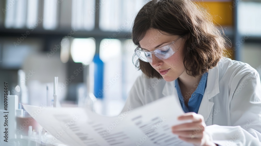 Poster a focused scientist examines research data while working in a laboratory, surrounded by equipment an