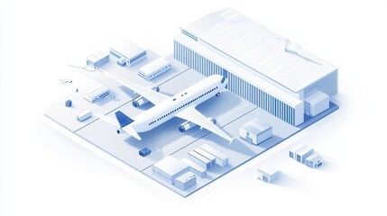 A modern airplane in an airport setting surrounded by service vehicles and buildings.