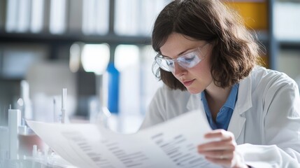 A focused scientist examines research data while working in a laboratory, surrounded by equipment and documents.