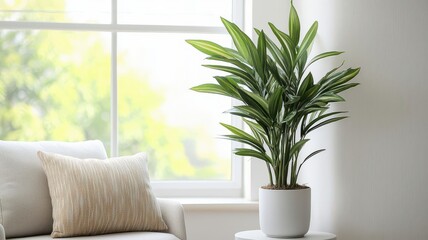 Home office with large indoor plants, soft pillows on the chair, and warm, cozy lighting for a productive space   home office, plantfilled