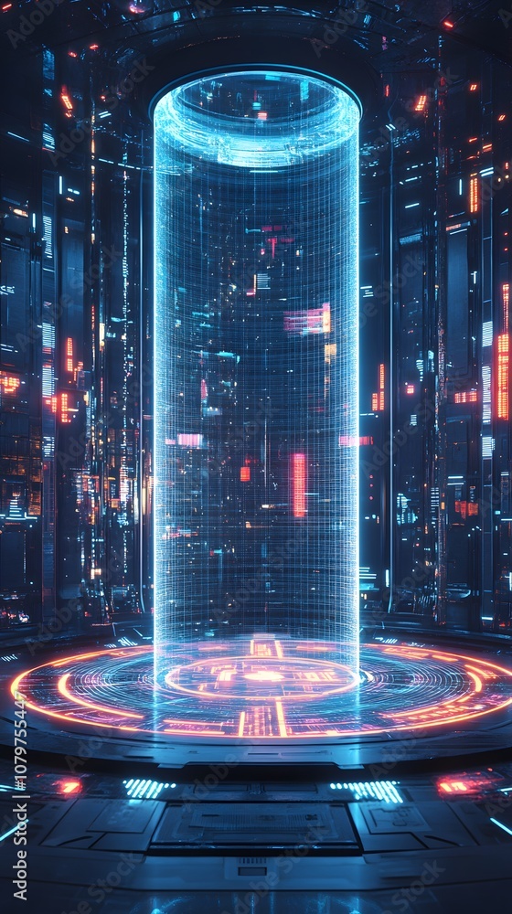 Aufkleber 57. a futuristic 3d showcase with holographic floating elements, digital grids, and an open vertical
