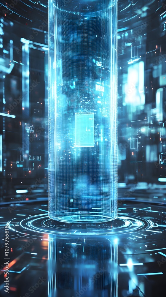 Poster 57. a futuristic 3d showcase with holographic floating elements, digital grids, and an open vertical