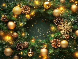 Festive christmas tree with golden ornaments and twinkling lights