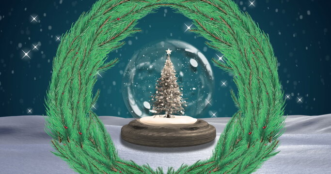 Image of fir tree wreath over snow globe and winter landscape