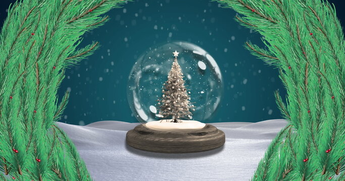 Image of fir tree wreath over snow globe and winter landscape