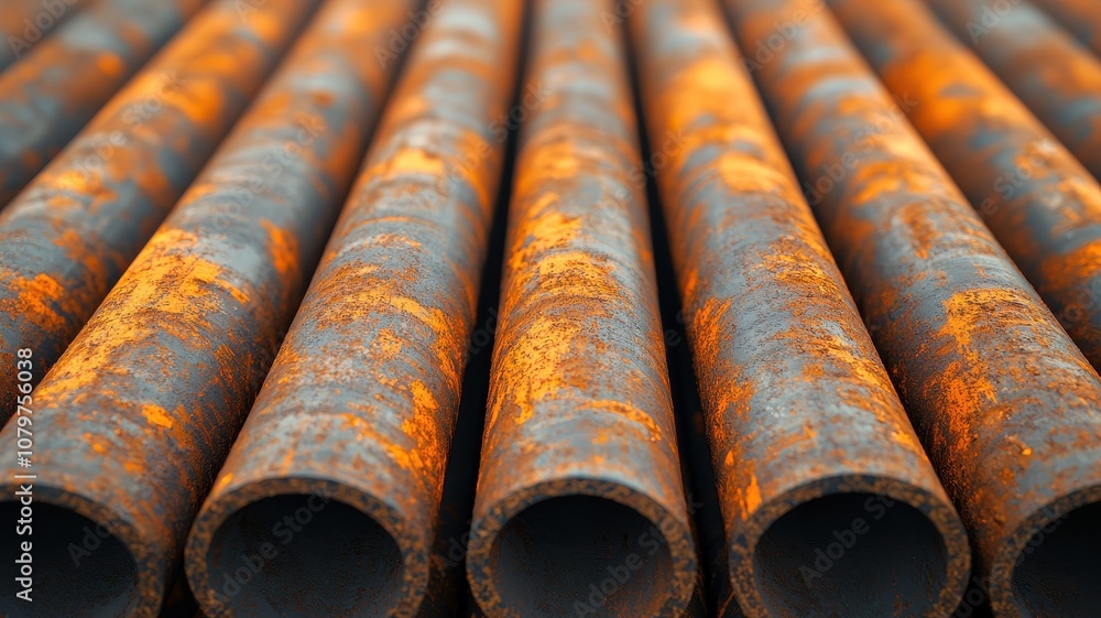 Poster close-up of rusted metal pipes arranged in parallel, showing weathered textures and orange rust patt