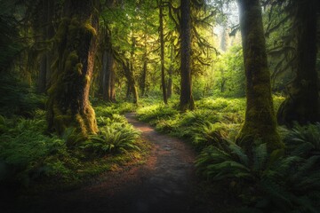 Obraz premium Lush green forest path with moss-covered trees and ferns