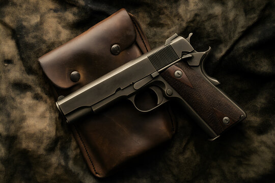 Colt government M1911 with leather holster.