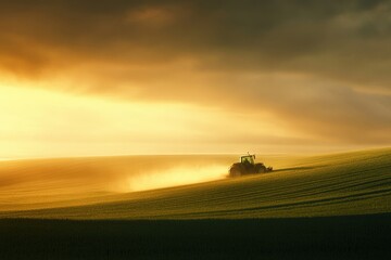 Fototapeta premium Tractor plowing field at sunset