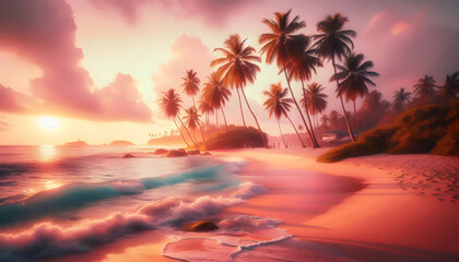 Capture the golden hour at a scenic beach with palm trees and gentle waves, showcasing soft pastel c2