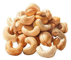 A pile of cashews is shown in a painting. The cashews are arranged in a pyramid shape, with some of them being slightly larger than the others. The painting has a warm, inviting tone