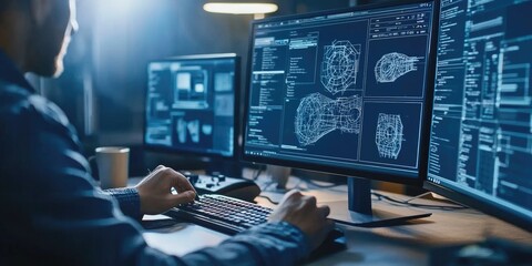 A CAD designer using a digital tablet or computer to develop and analyze design concepts.