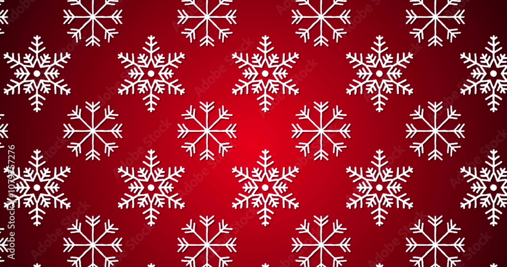 Poster image of snowflakes icons in seamless pattern against red background