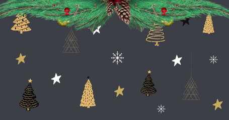Fototapeta premium Image of fir tree with decorations over christmas trees and stars on black background