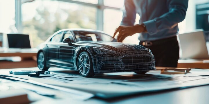 A car designer collaborating with engineers and marketers to finalize vehicle features.