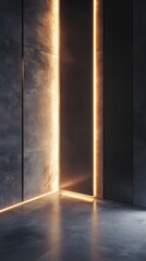 60. A sleek 3D showcase with ambient lighting, floating panels, and a vertical space for a product to be featured.