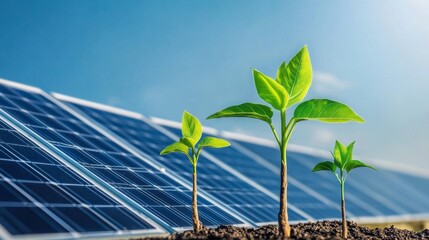 Fototapeta premium Green Investments: Solar Panels Amid Rising Stock Market Graphs for Renewable Energy Ventures