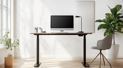 Compact workspace with standing desk, single monitor, stylish decor, and neutral color palette 