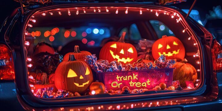 A car trunk decorated for a Halloween "trunk or treat" event, with lights, pumpkins, and candy for kids.