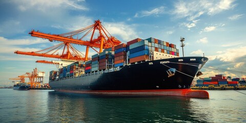 Fototapeta premium A cargo ship docked at a port with containers being loaded or unloaded, showcasing its role in logistics.