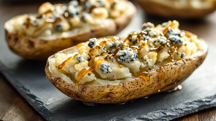 Salty Roasted Spicy, Baked Potato with Blue Cheese Crumbles and Honey Drizzle on Slate Plate