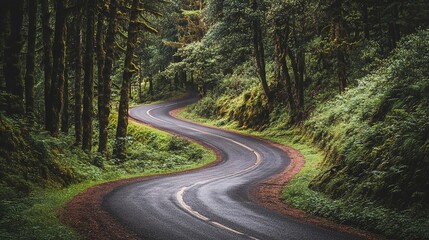 An adventure road trip through a dense forest, with trees lining the winding road ahead.