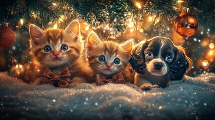 Fototapeta premium Cute Kittens and Puppy Under Christmas Tree
