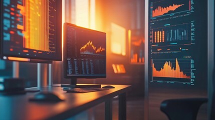 Analyzing financial data on multiple computer screens in a dark office environment