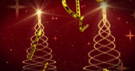 Image of christmas trees over christmas decorations